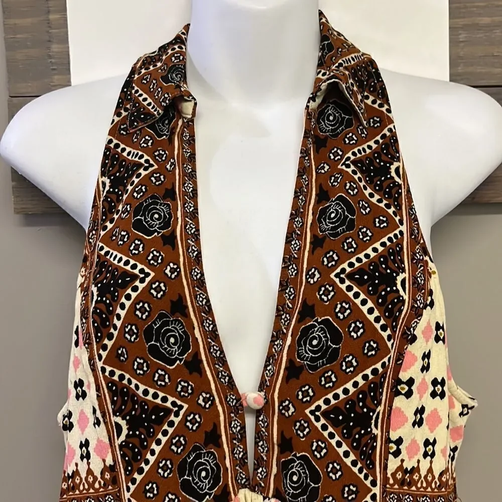 Free People Sleeveless Collared Boho Flowy Key Hole Tank V-Neck Tunic- Medium
